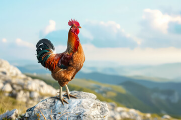 Rooster stands on a rock in a mountainous area