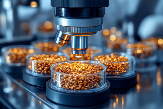 scientist in a sterile laboratory examining insect protein samples under a microscope