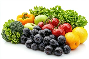 Fresh Bounty: A vibrant collection of fresh, organic produce including a medley of colorful fruits and vegetables, offers a visual feast, ideal for health, wellness, and culinary projects. 