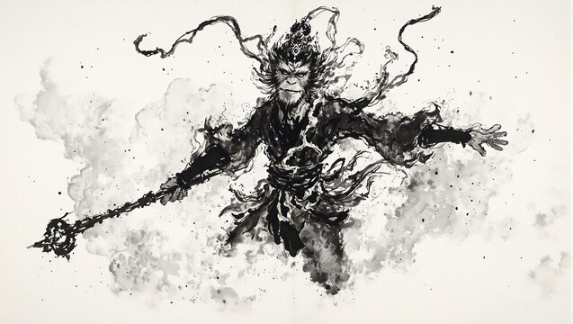 Dynamic ink brush painting of Sun Wukong the Monkey King flying through clouds with magical staff exuding mischief and determination