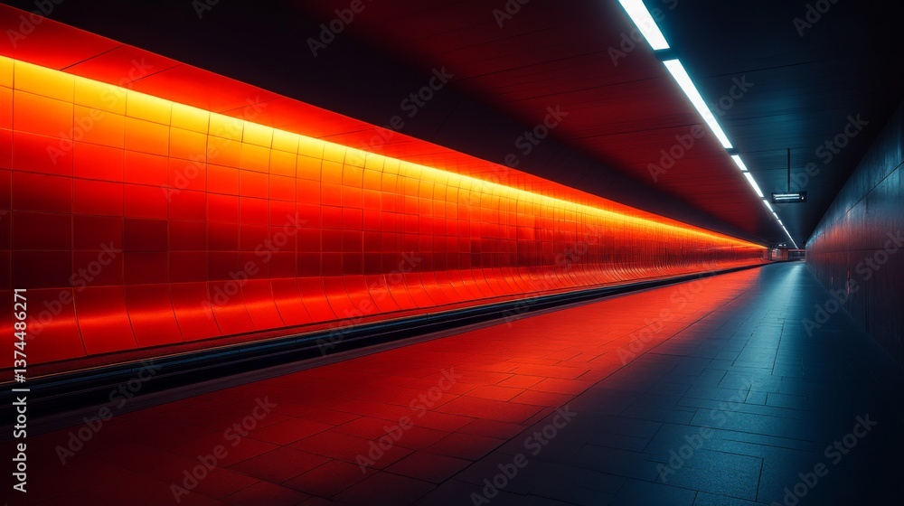 Aufkleber a sleek subway tunnel features bright red lighting illuminating the track, highlighting contemporary