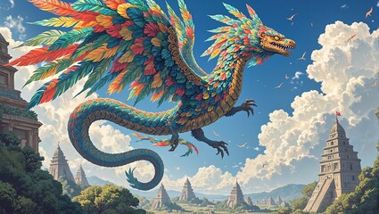Obraz premium Mesmerizing depiction of Quetzalcoatl the Aztec feathered serpent god soaring amidst rainbow feathers and ancient temples