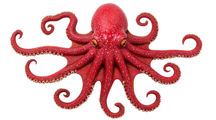 Red octopus with tentacles, isolated on black background, cut out transparent