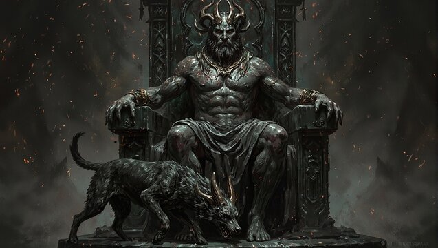 Explore the darkness with Hades on his throne Cerberus by his side in this majestic and chilling digital artwork