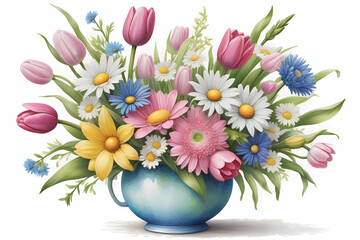 Colorful flower arrangement in a blue vase with tulips and daisies with green accents