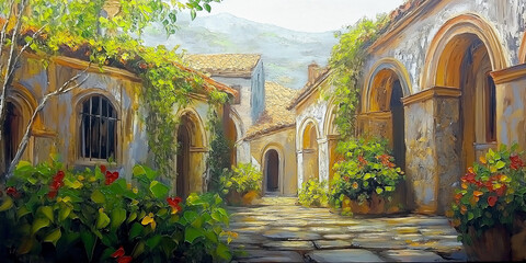 Charming old village in the mountains with cobblestone streets and vibrant flowers