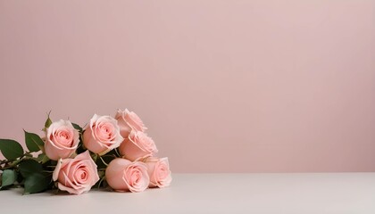 A beautiful bouquet of pink roses in a glass vase with pink background specially for mother's day, women's day, birthday,and weddings