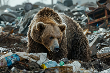 Fototapeta premium Bear is walking through a pile of trash