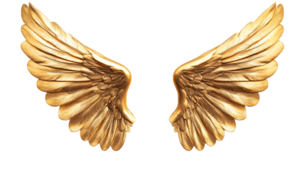 Golden angel wings, artistic feathers, fantasy background, cut out transparent