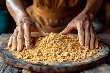 Hands spreading mealworm protein powder on rustic wooden board, sustainable food innovation in alternative protein industry