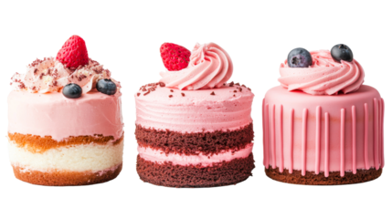 Three pink cakes with berries on a black background, cut out transparent