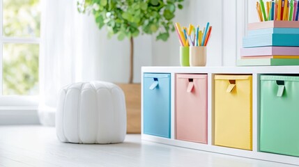 Bright and Cheerful Child's Room Featu White Storage Unit with Pastel Fabric Drawers and Colorful Books and Pencils Stacked on Top of Pouf