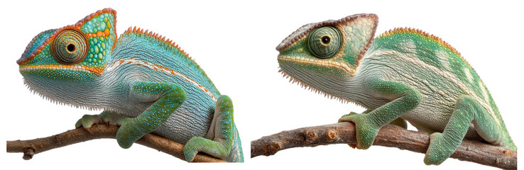 Obraz premium two chameleons on a branch isolated on white background.