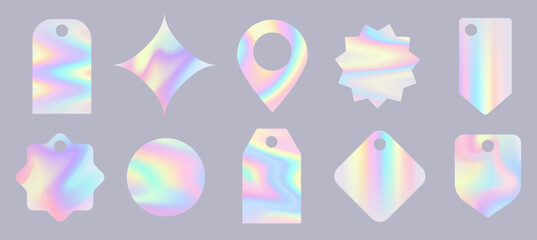 Set of holographic emblem templates. Rainbow gradient backgrounds. Vector hologram shapes.