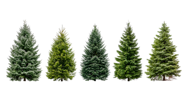 Five evergreen trees stand tall against black background, cut out transparent