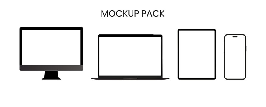 Apple iMac, Macbook Pro, iPad, and iPhone realistic desktop laptop tablet pc and smartphone mockup collection. Set of modern devices with blank screen vector illustration