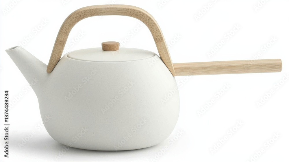 Poster a minimalist white teapot with a wooden handle and lid, showcasing a simple yet elegant design perfe