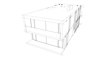Futuristic Architectural Wireframe. Abstract Modern Building Design in Digital Sketch Style