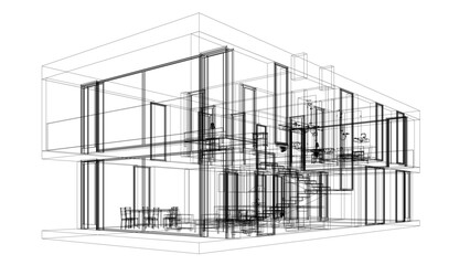 Futuristic Architectural Wireframe. Abstract Modern Building Design in Digital Sketch Style