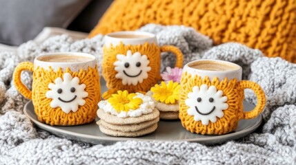 Cozy coffee break with smiley face mugs and flower topped cookies on a tray