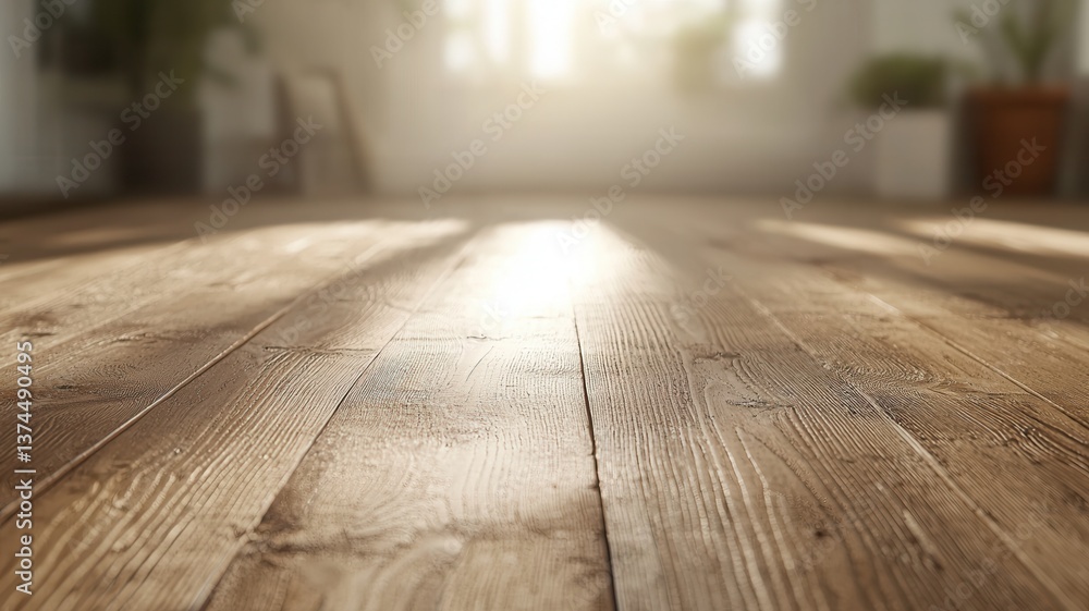 Poster empty wooden floor with illuminated light from window in blurred background creates peaceful and atm