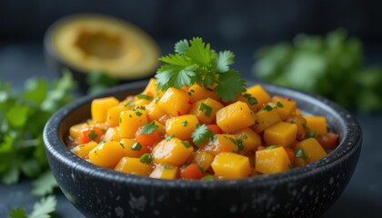  Fresh Mango Salsa Dark Background, Colorful Ingredients, Appetizing