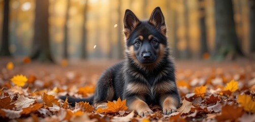  German Shepherd Puppy Amongst Falling Autumn Leaves. Warm Colors and a Cozy Rustic Feel.