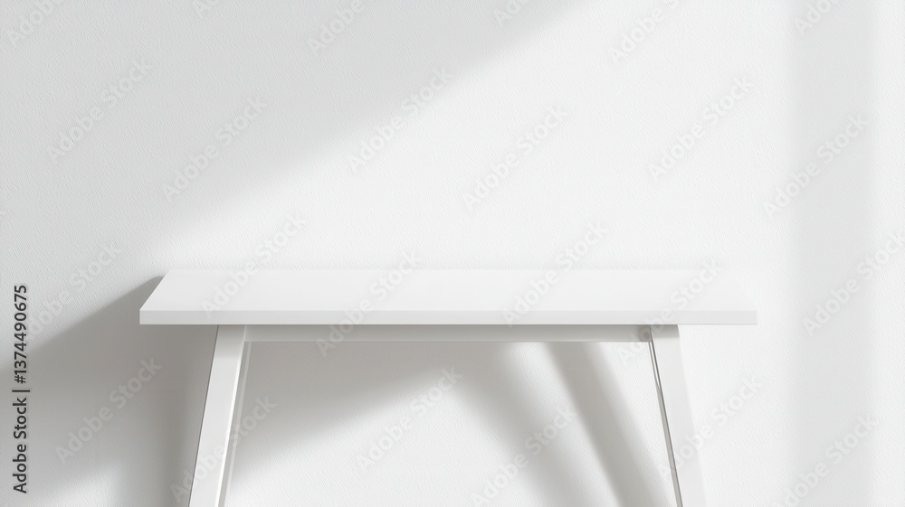 Poster empty creating table standing in minimalist white with window light casting shadows on white wall, r