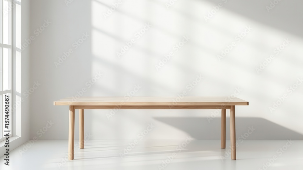 Poster empty white table standing in creating room with window light minimalist shadows on white wall, cast