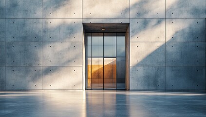 Modern architecture, sleek glass doors in a concrete building bathed in sunlight.  Clean lines and minimalist design.