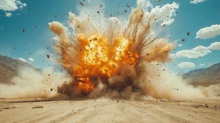 Large explosion with debris in desert landscape under blue sky