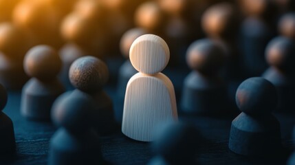 Unique wooden figure stands out among the crowd, bathed in warm light, highlighting individuality and leadership