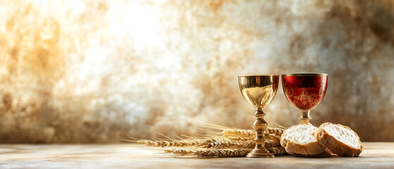 holly communion elements on modern beige structured wall background; simple, elegant & bright christian church traditional sacrament photo