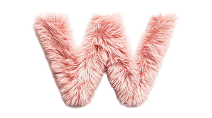 Fluffy pink letter W, isolated on black background, cut out transparent