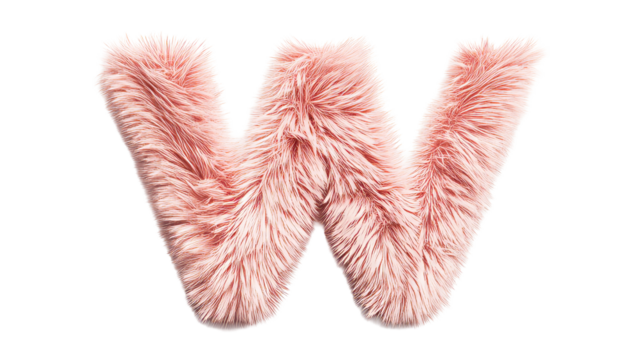 Fluffy pink letter W, isolated on black background, cut out transparent