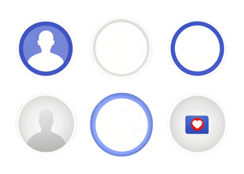Facebook story, live stream, new story badge vector set. Isolated empty Facebook stories badges and live buttons on white background. Circle frame for profile picture. 