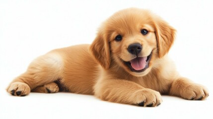Fototapeta premium Golden Retriever puppy with a cheerful expression, posing on a seamless white background.