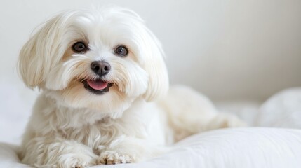 Adorable White Maltese Dog Portrait with Charming Expression on Soft Bedding