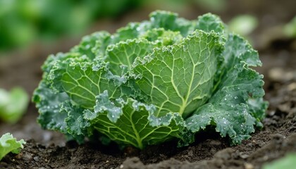 Naklejka premium Savoy Cabbage Head, Growing Organically in the Farm. Gardening, Healthy Eating Concept