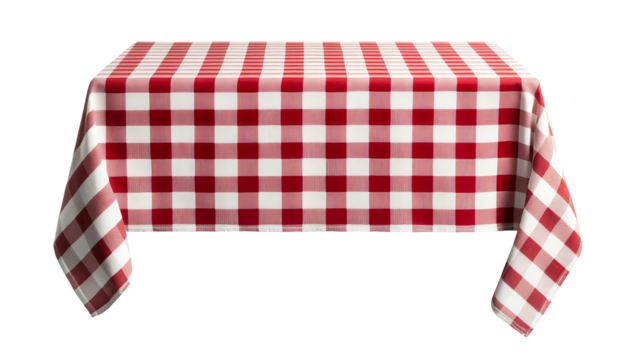 Red and white checkered tablecloth, draped over table, picnic style, cut out transparent