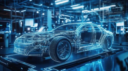 Futuristic car design with wireframe and technical interface in a modern automotive facility