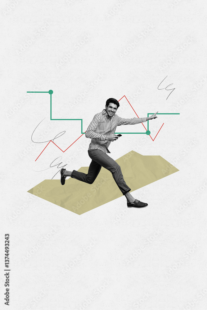 Poster Abstract surreal collage of young man run use gadget pointing white background with lines