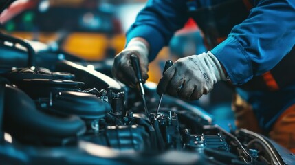 Auto Mechanic Repairing a Car Engine in a Workshop