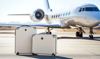 A private plane or jet stands at an empty airport, expensive travel bags or luggage nearby, epic luxury air transport, AI generated
