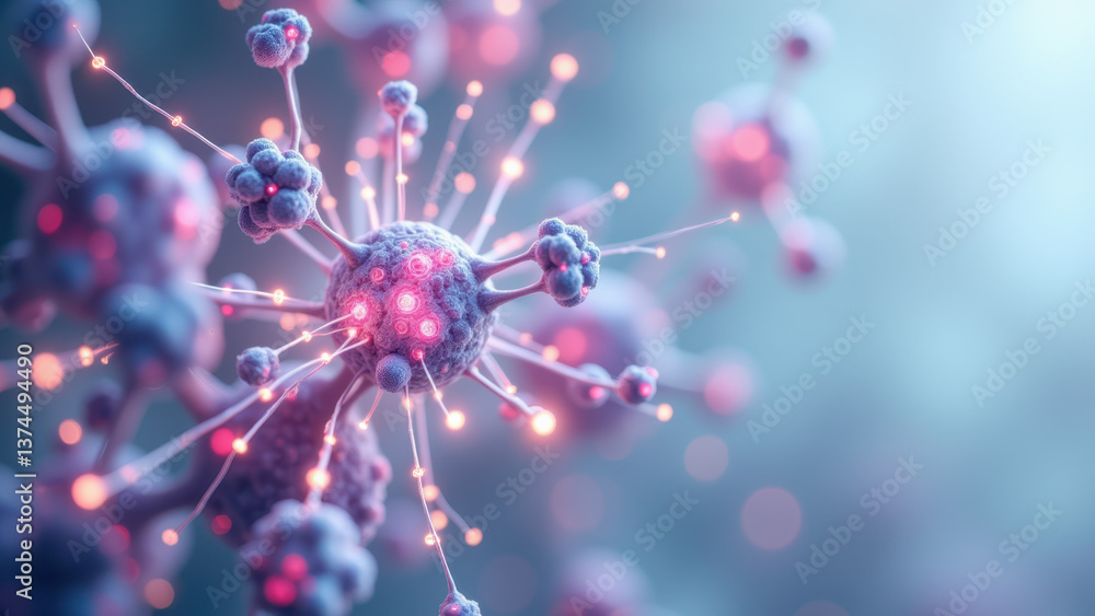 Poster microscopic view of a glp-1 molecule with fluorescent labels highlighting its structure.