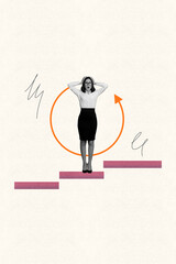 Creative picture collage of shocked young girl manager over pastel background with steps circle