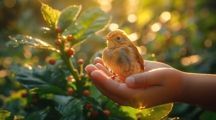 A delicate brown bird perched in an open hand, surrounded by lush green foliage and warm sunlight, conveying a sense of tenderness and connection.