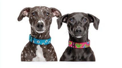 Two playful dogs relaxing together in a bright, sunny environment with a pure white background for focus