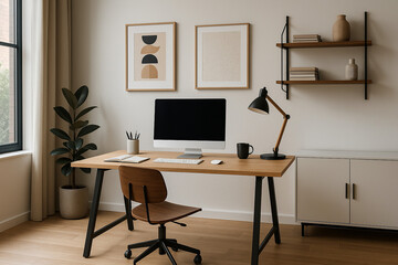 Modern home office interior is designed in a minimalist style. The room is illuminated by large windows. A wooden table with metal legs is complemented by a comfortable chair