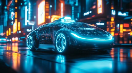 A taxi with a modern, sleek design driving through a futuristic city, glowing neon lights highlighting its body